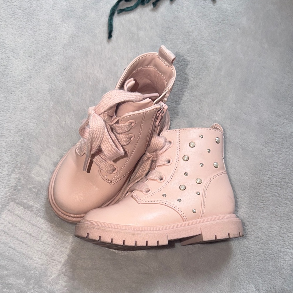 Kids Pink Lace-Up Ankle Boots with Pearl Details